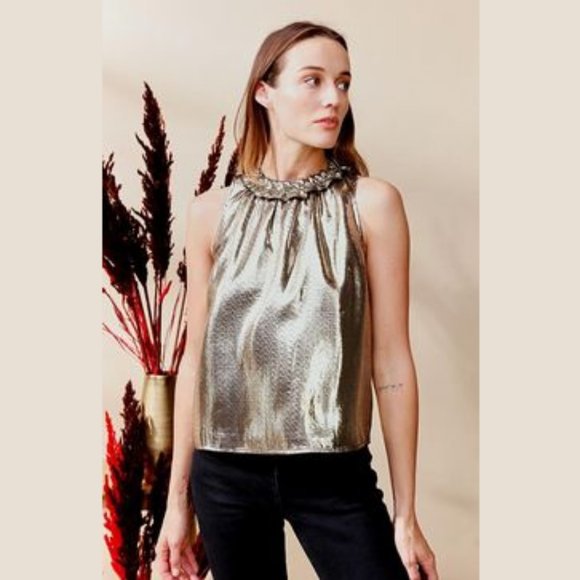 Dolan Gold Prasong Silk High Neck Ruffle Tank - Picture 2 of 16